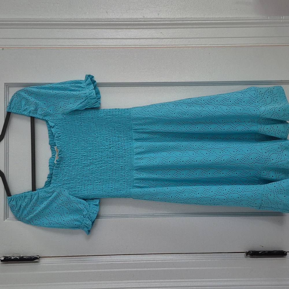 Michael Kors Smocked Eyelet Peasant Dress In Turquoise